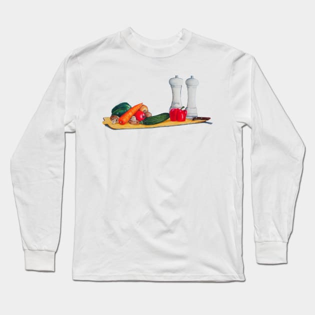 quirky still life art peppers and vegetables Long Sleeve T-Shirt by pollywolly